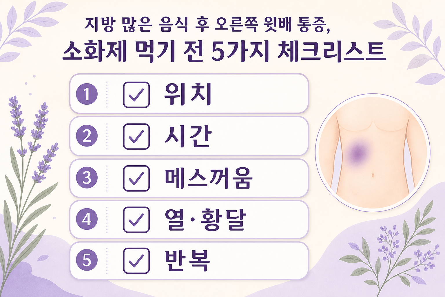 오른쪽 윗배 통증에서 위치, 시간, 메스꺼움, 열과 황달, 반복 여부를 확인하는 5가지 체크 카드