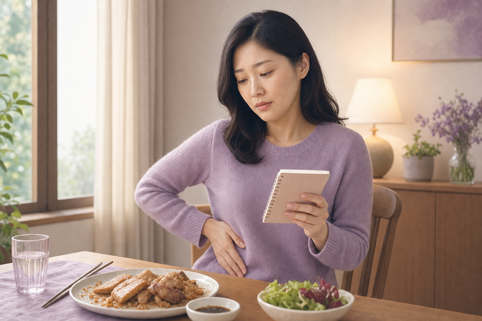 기름진 식사 뒤 오른쪽 윗배 통증을 느끼며 식사 기록을 확인하는 여성의 보라색 에디토리얼 이미지