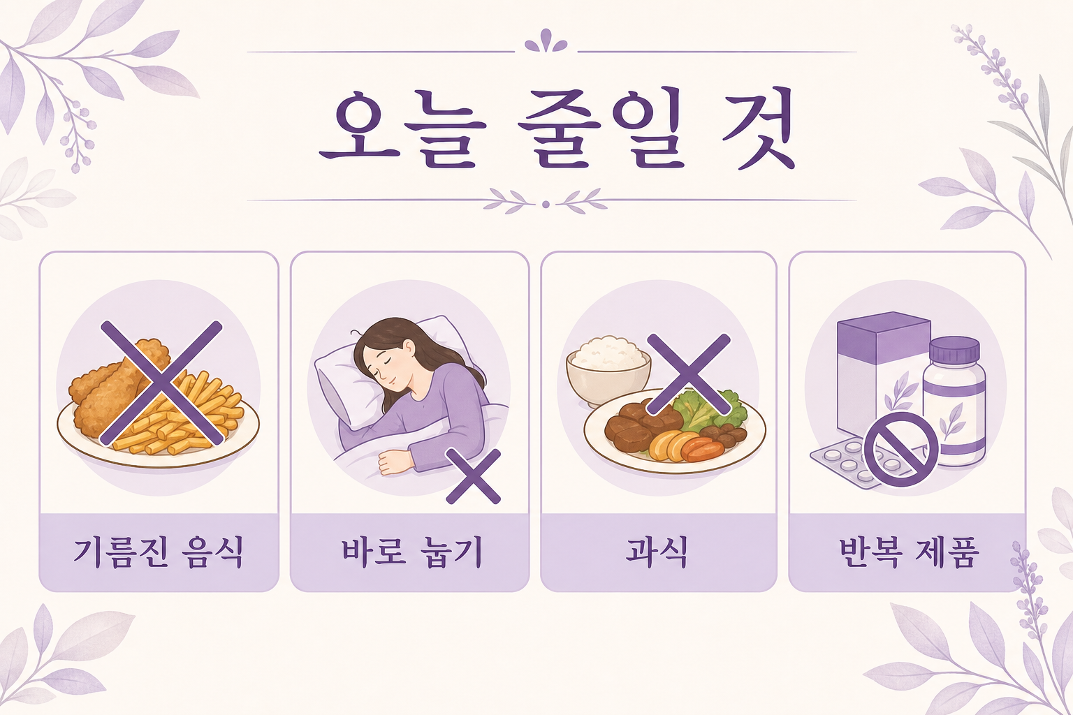 오늘 줄일 것, 기름진 음식, 바로 눕기, 과식, 반복 제품을 정리한 보라색 루틴 카드