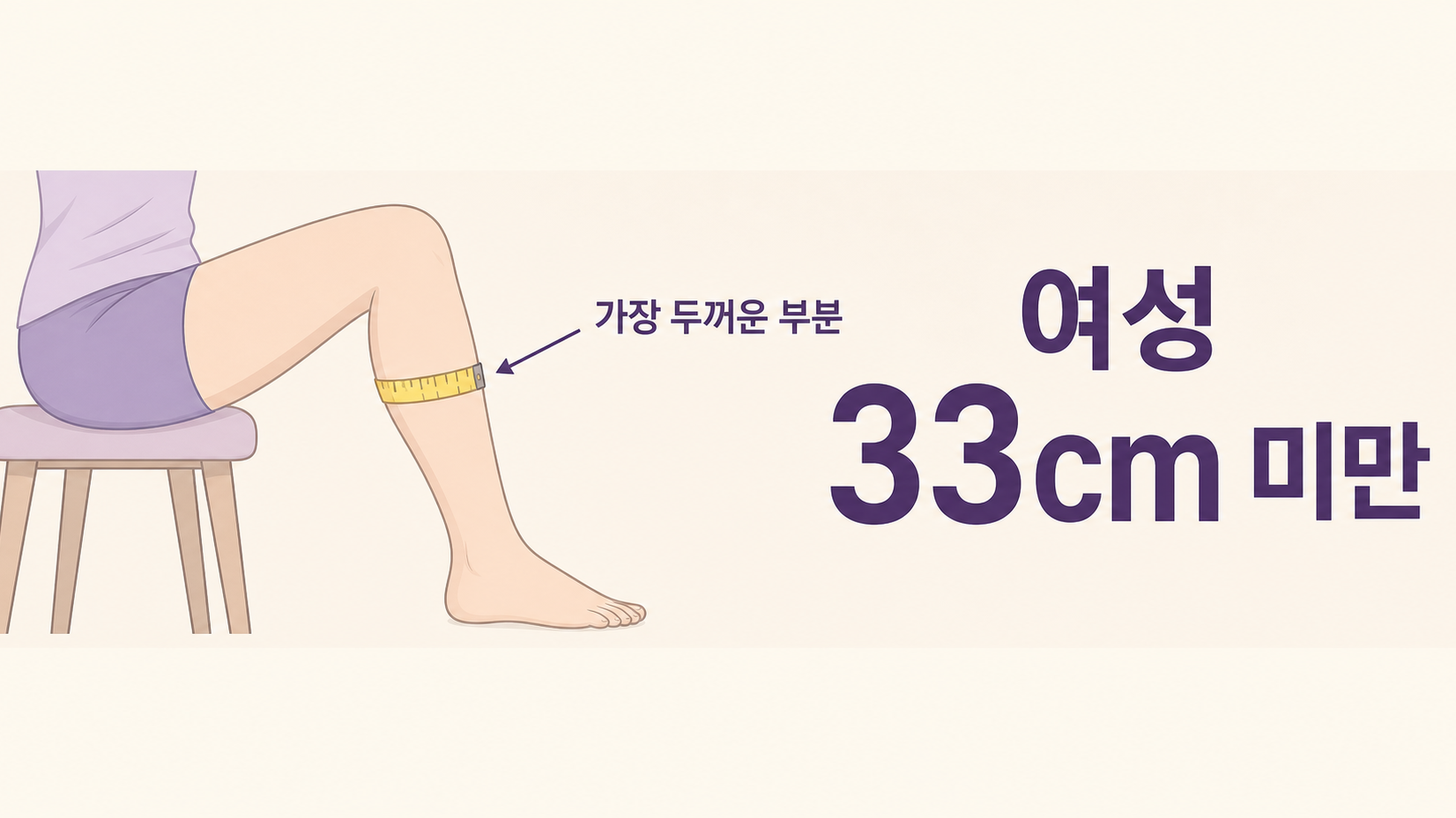 종아리에서 가장 두꺼운 부분에 줄자를 수평으로 두른 측정 자세
