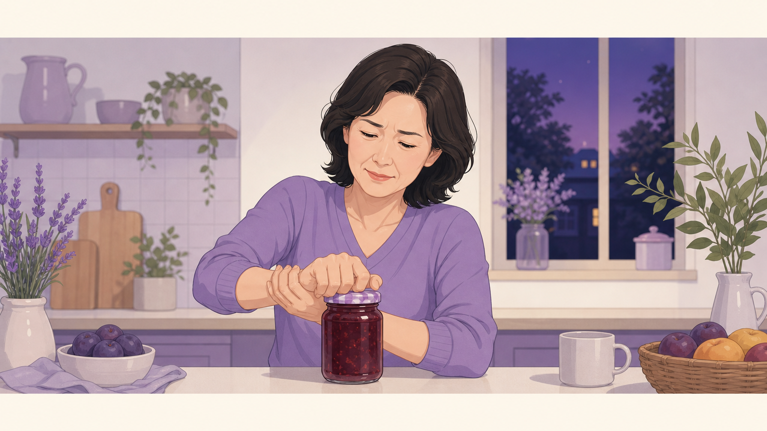 잼병 뚜껑을 열지 못해 손목을 감싸 쥔 40대 여성의 부엌 저녁 장면
