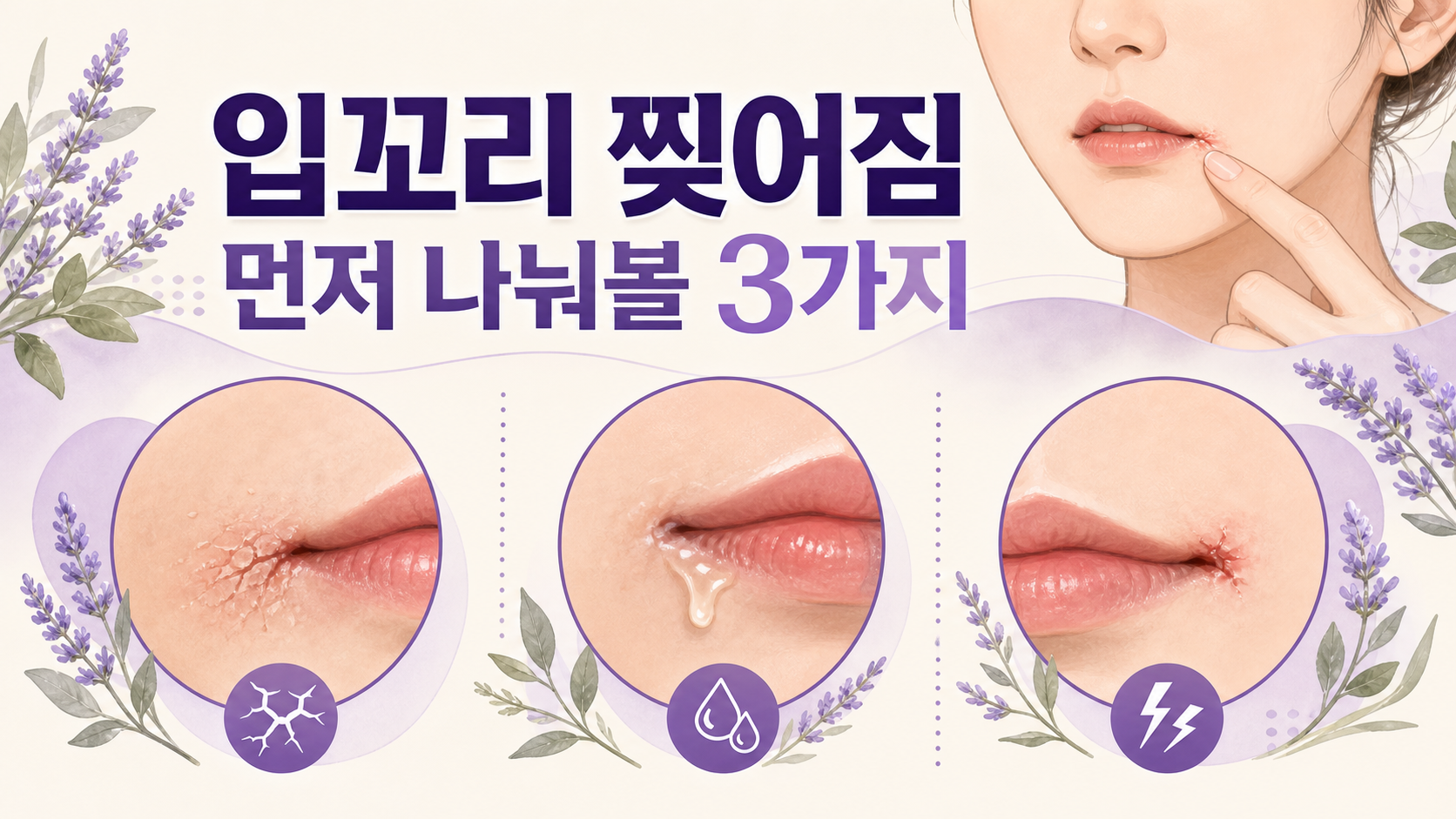입꼬리 찢어짐을 건조함, 침 고임, 반복 자극으로 나누는 3가지 기준 이미지