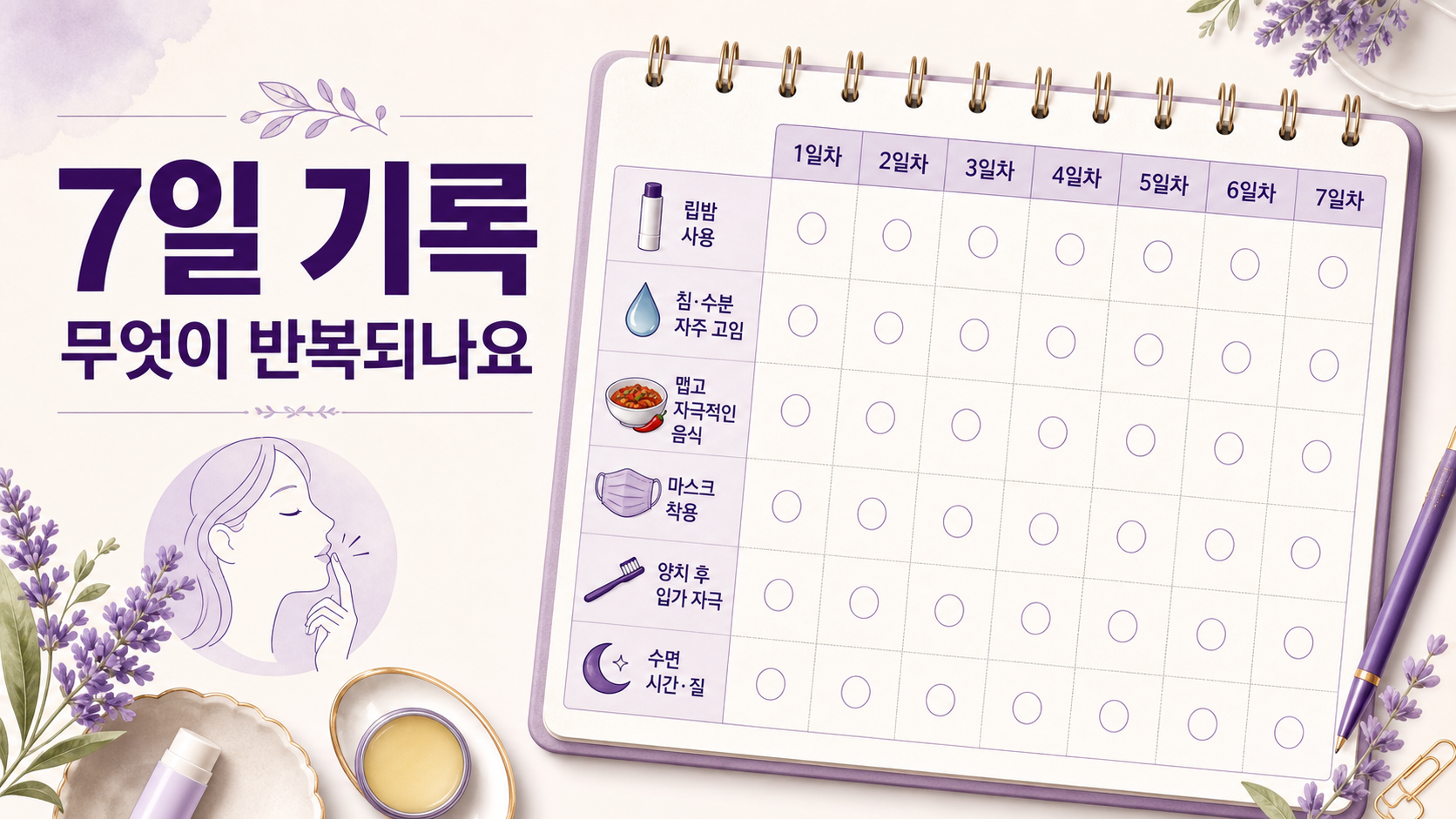 입꼬리 찢어짐이 반복될 때 립밤 사용, 침 고임, 음식, 마스크, 양치 후 자극을 7일 동안 기록하는 이미지