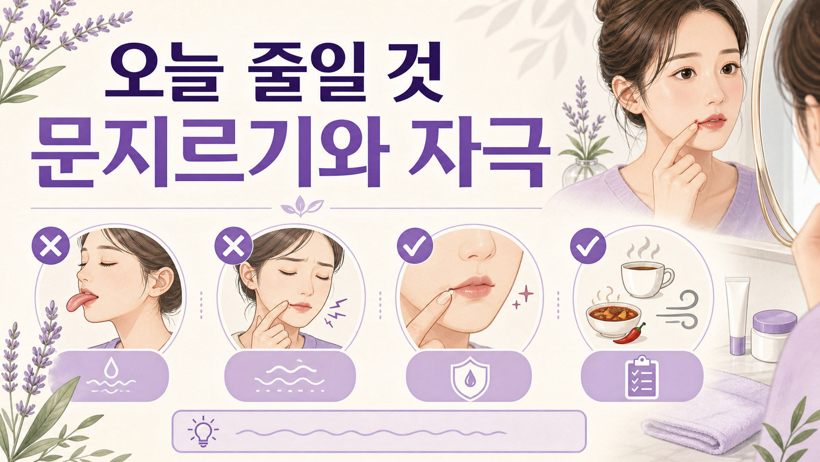 입꼬리 찢어짐이 있을 때 오늘 줄일 행동으로 문지르기, 핥기, 자극을 보여주는 이미지