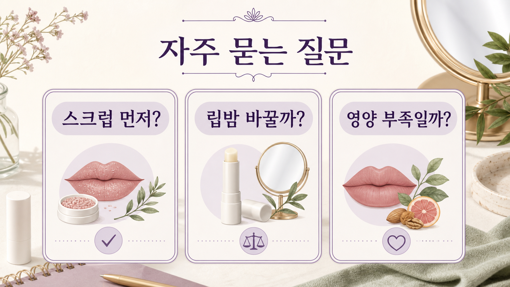 반복되는 입술 각질에서 제품 반응 기록과 상담 신호를 요약한 보라색 FAQ 카드