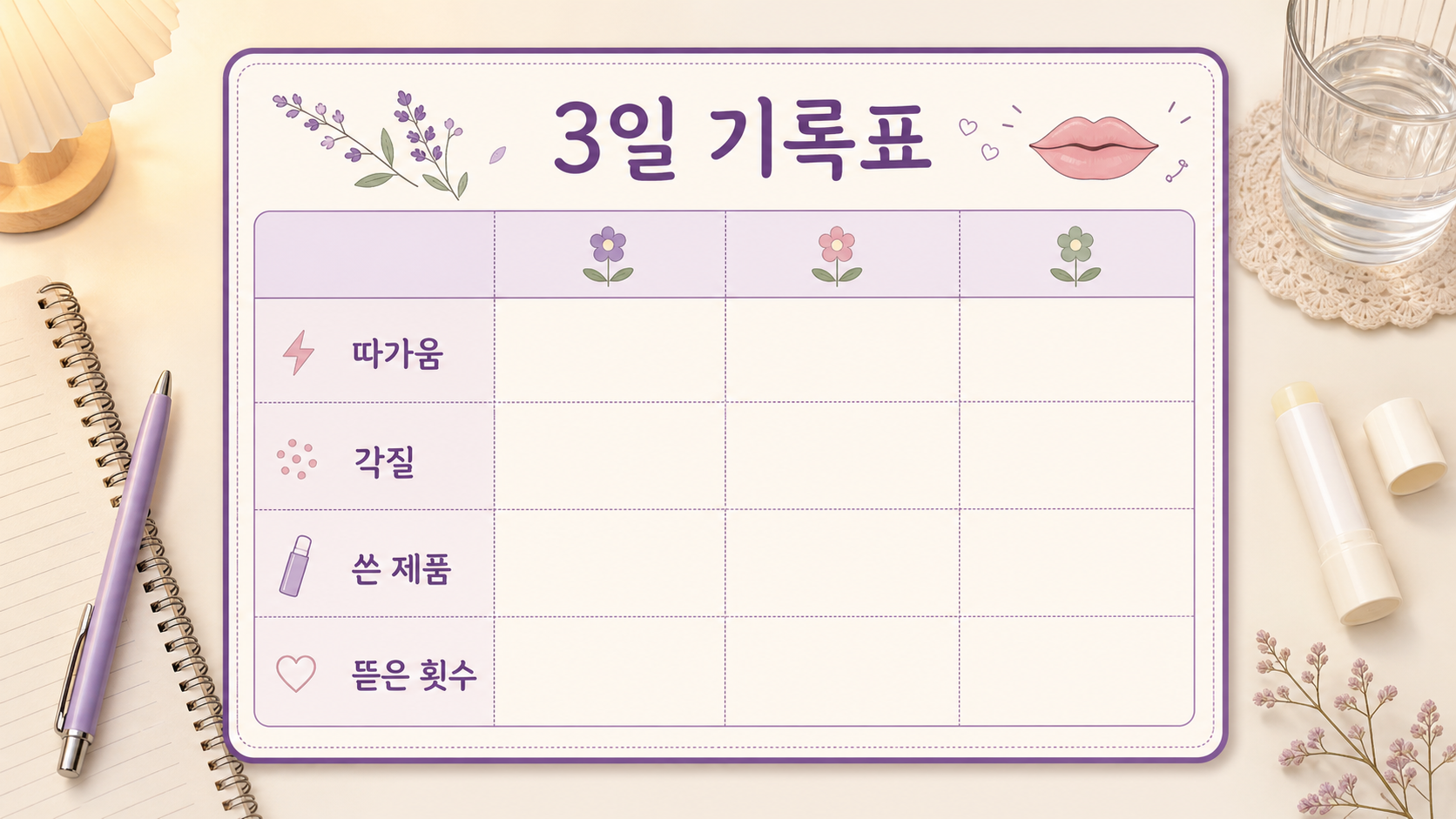 바른 제품, 자극, 갈라진 위치, 동반 신호를 3일 동안 기록하는 보라색 워크시트 일러스트