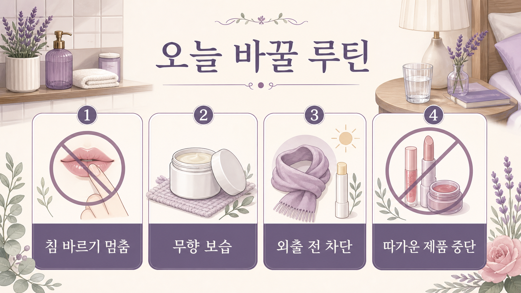 입술을 핥거나 뜯는 습관을 줄이고 부드러운 보습과 햇빛 보호를 보여주는 보라색 루틴 카드