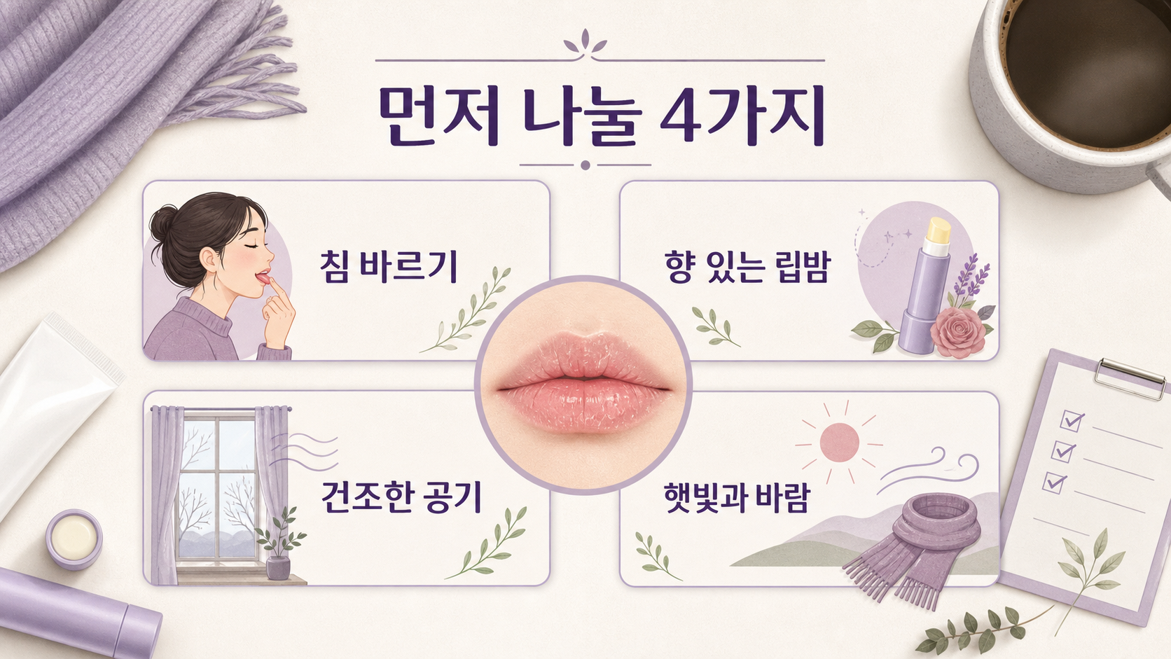 입술 건조, 제품 자극, 습관 자극, 상담 신호를 구분해 보여주는 보라색 건강 정보 인포그래픽