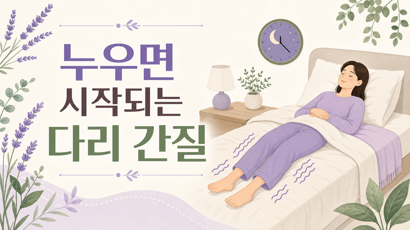 잠들기 전 다리 간질거림이 누우면 시작되고 움직이면 잠깐 줄어드는 상황을 보여주는 보라색 건강 인포그래픽