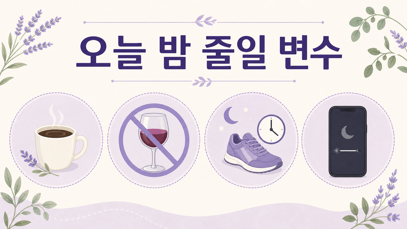 카페인, 술, 늦은 격한 운동, 침대 전 화면 자극을 줄이는 오늘 밤 변수 4가지를 보여주는 보라색 루틴 이미지
