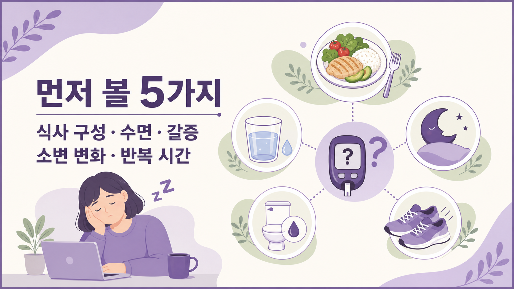 점심 후 졸림을 식사 구성, 수면, 갈증, 소변 변화, 반복 시간으로 나누어 보는 5가지 확인 이미지