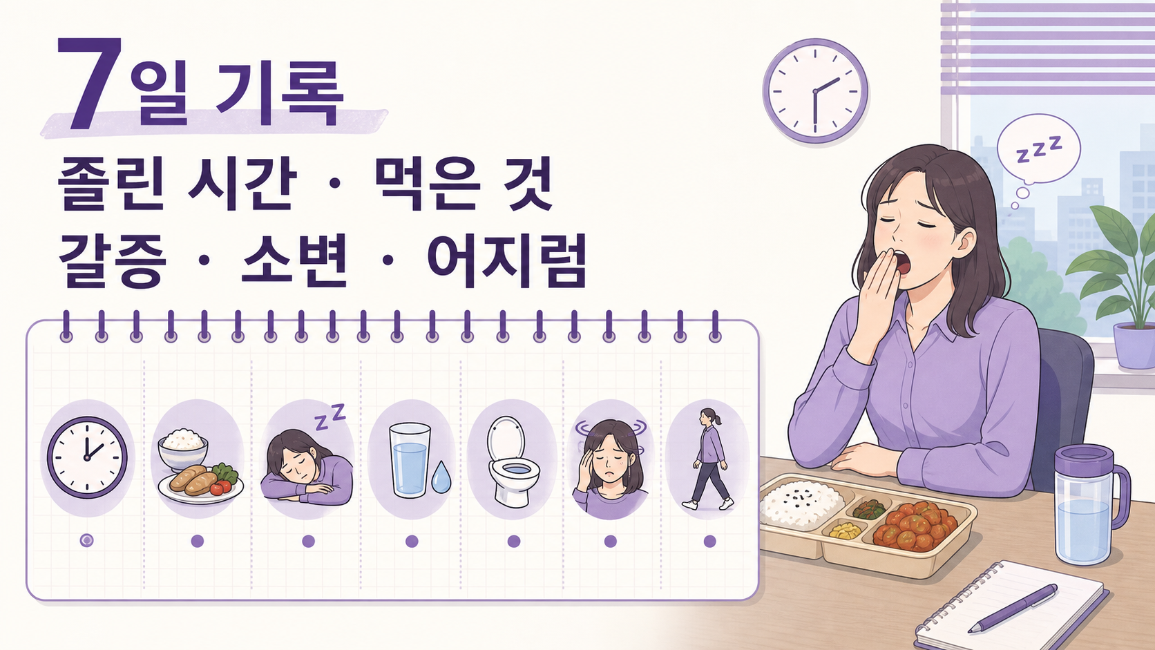 점심 후 졸림을 7일 동안 졸린 시간, 먹은 것, 갈증, 소변, 어지럼으로 적는 기록 이미지