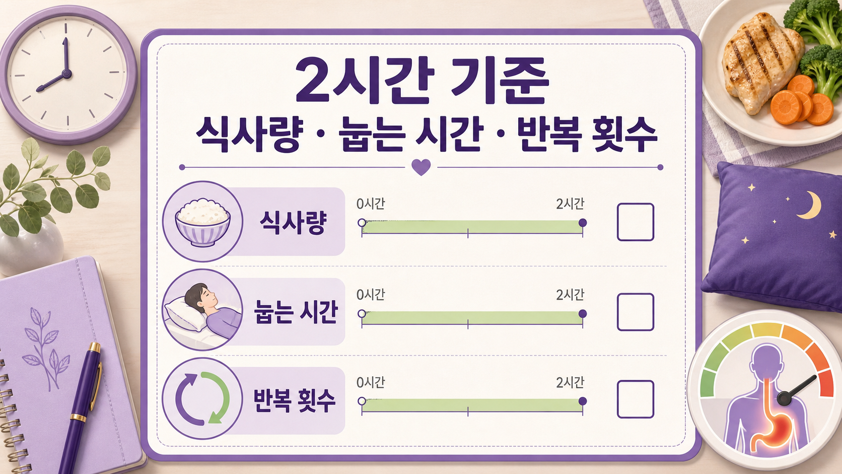 저녁 후 눕는 시간을 식사량, 눕는 시간, 반복 횟수로 나눠 적는 2시간 기준 이미지