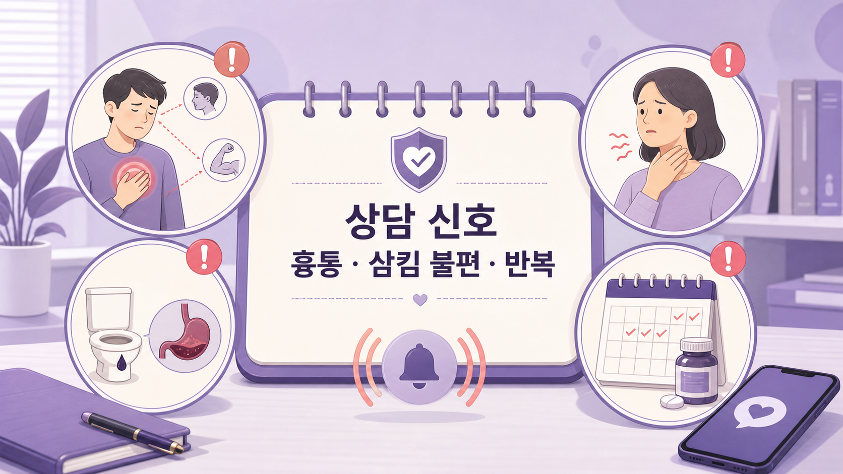 흉통, 삼킴 불편, 반복되는 속쓰림을 상담 신호로 정리한 보라색 이미지