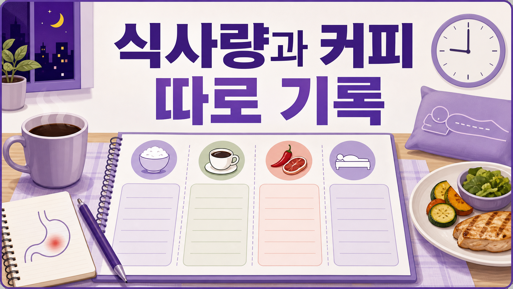 식사량과 커피, 매운 음식, 눕는 시간을 따로 기록하는 보라색 건강 매거진 이미지