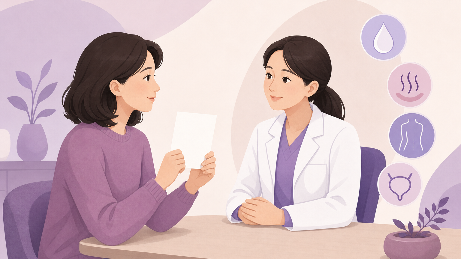 짧은 증상 메모를 들고 의료진과 차분히 상담하는 장면과 경고 신호를 상징적으로 보여 주는 편집 일러스트