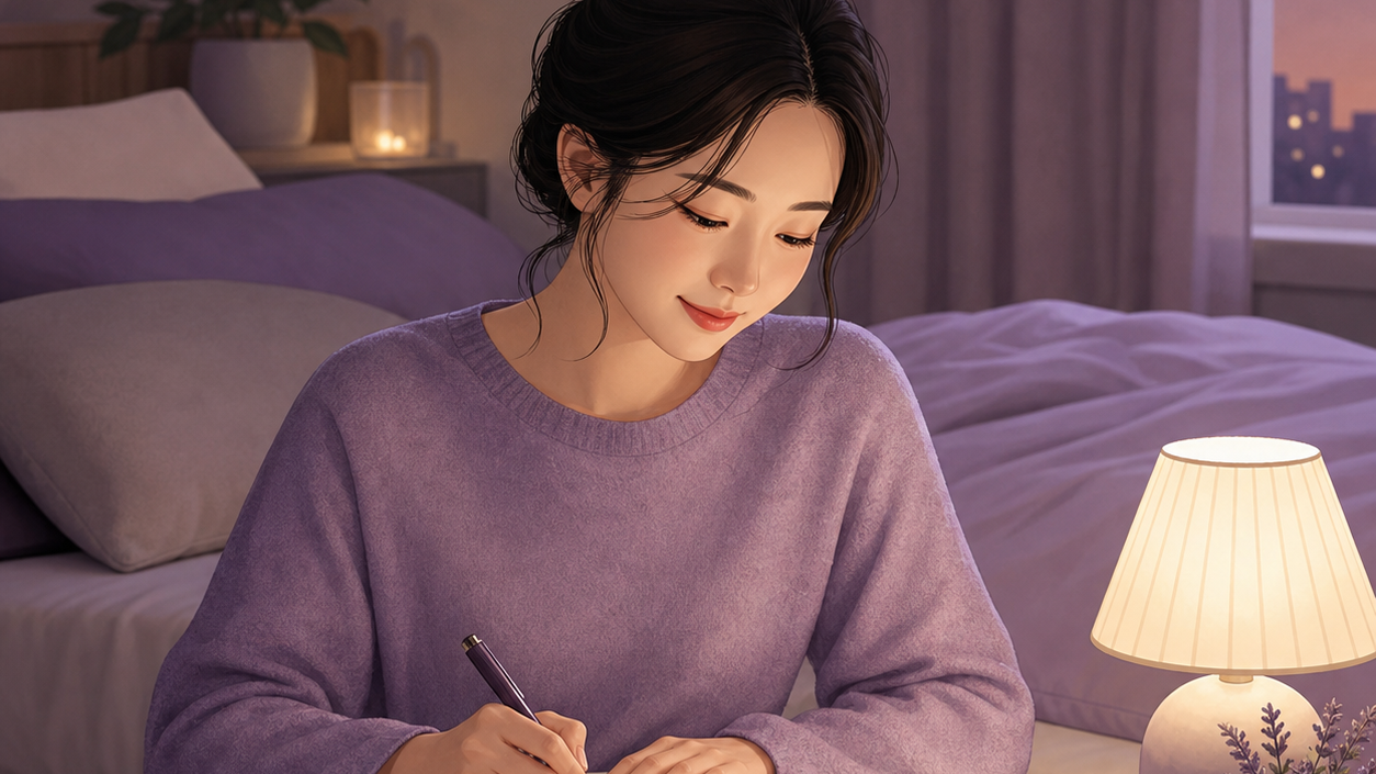 저녁 시간의 습관과 짧은 메모를 차분하게 확인하는 성인을 보여 주는 보라색 편집 일러스트