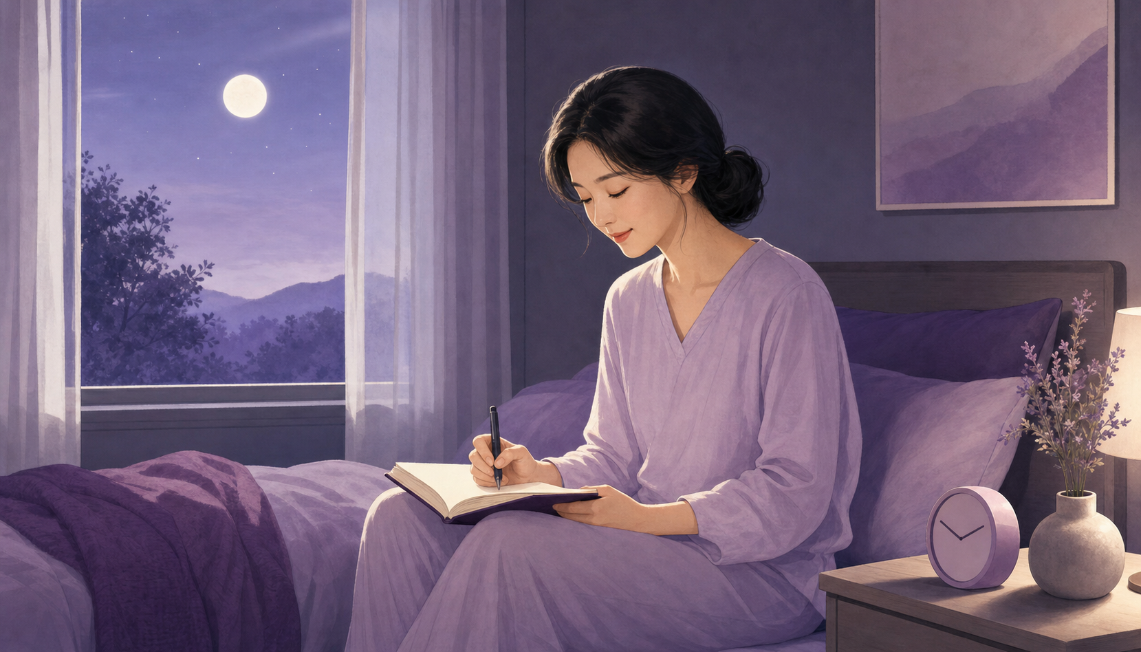 밤에 잠이 깬 뒤 침대 옆 수첩에 짧은 기록을 남기는 성인을 보여 주는 보라색 편집 일러스트