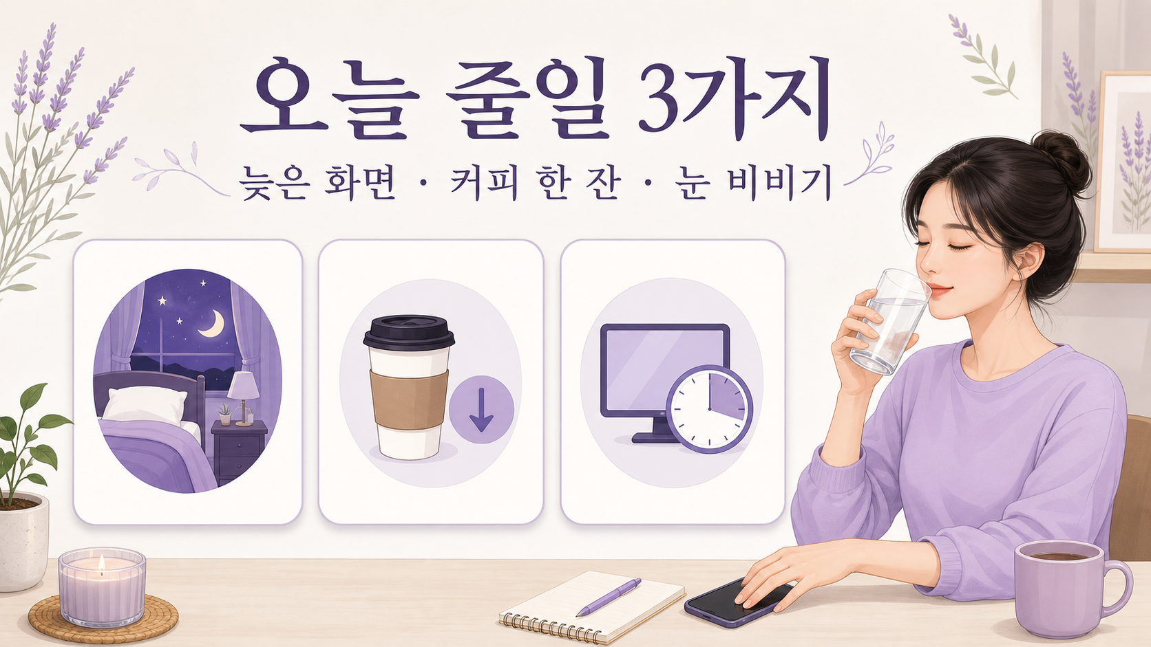 눈꺼풀 떨림이 있을 때 늦은 화면, 커피 한 잔, 눈 비비기를 줄이는 행동 이미지