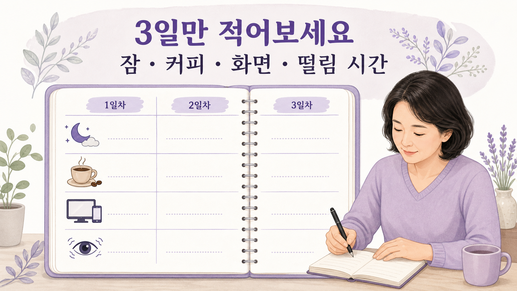 눈꺼풀 떨림을 3일 동안 잠, 커피, 화면, 떨림 시간으로 기록하는 이미지