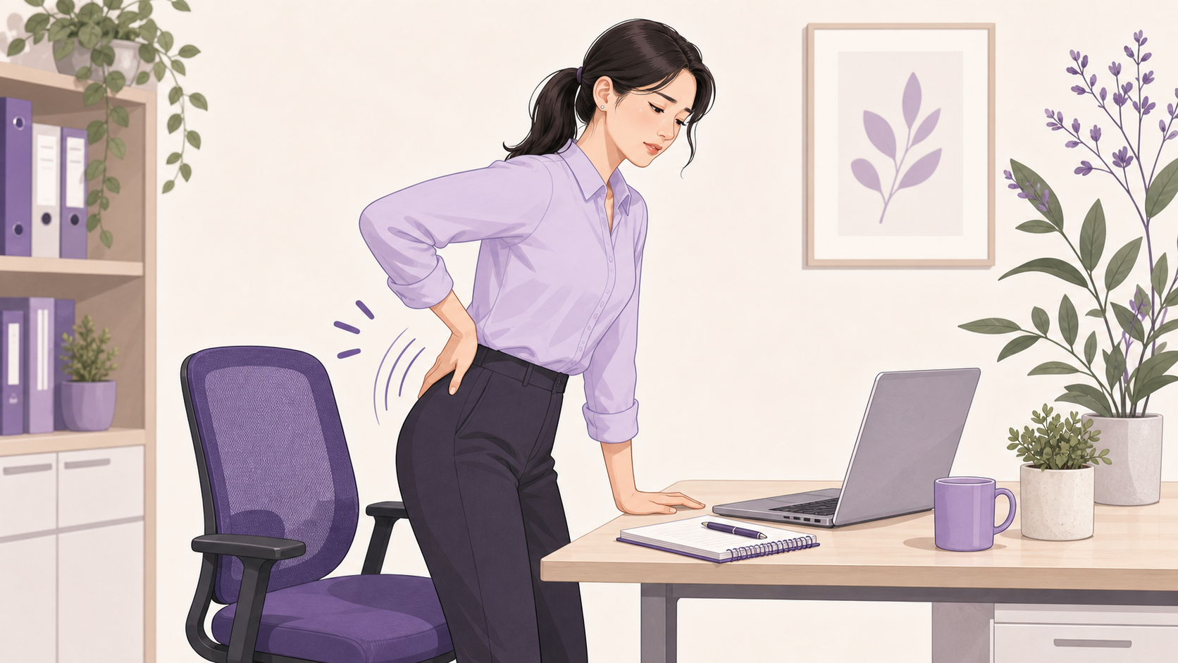 오래 앉은 뒤 자리에서 일어나며 꼬리뼈 통증을 확인하는 여성과 책상 의자, 방석 구매 전 압박 반응을 보는 보라색 에디토리얼 이미지