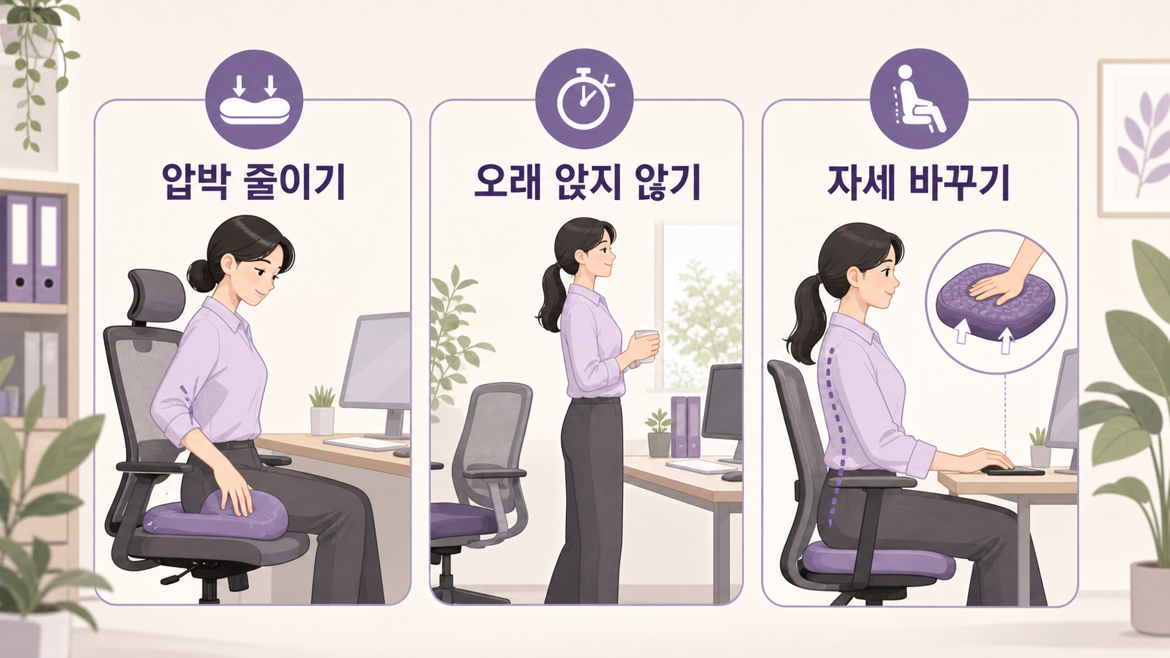 오늘 밤 실천할 꼬리뼈 통증 루틴, 앉는 시간 나누기, 앞으로 살짝 기대기, 쿠션 위치, 일어날 때 체중 분산을 정리한 보라색 체크리스트