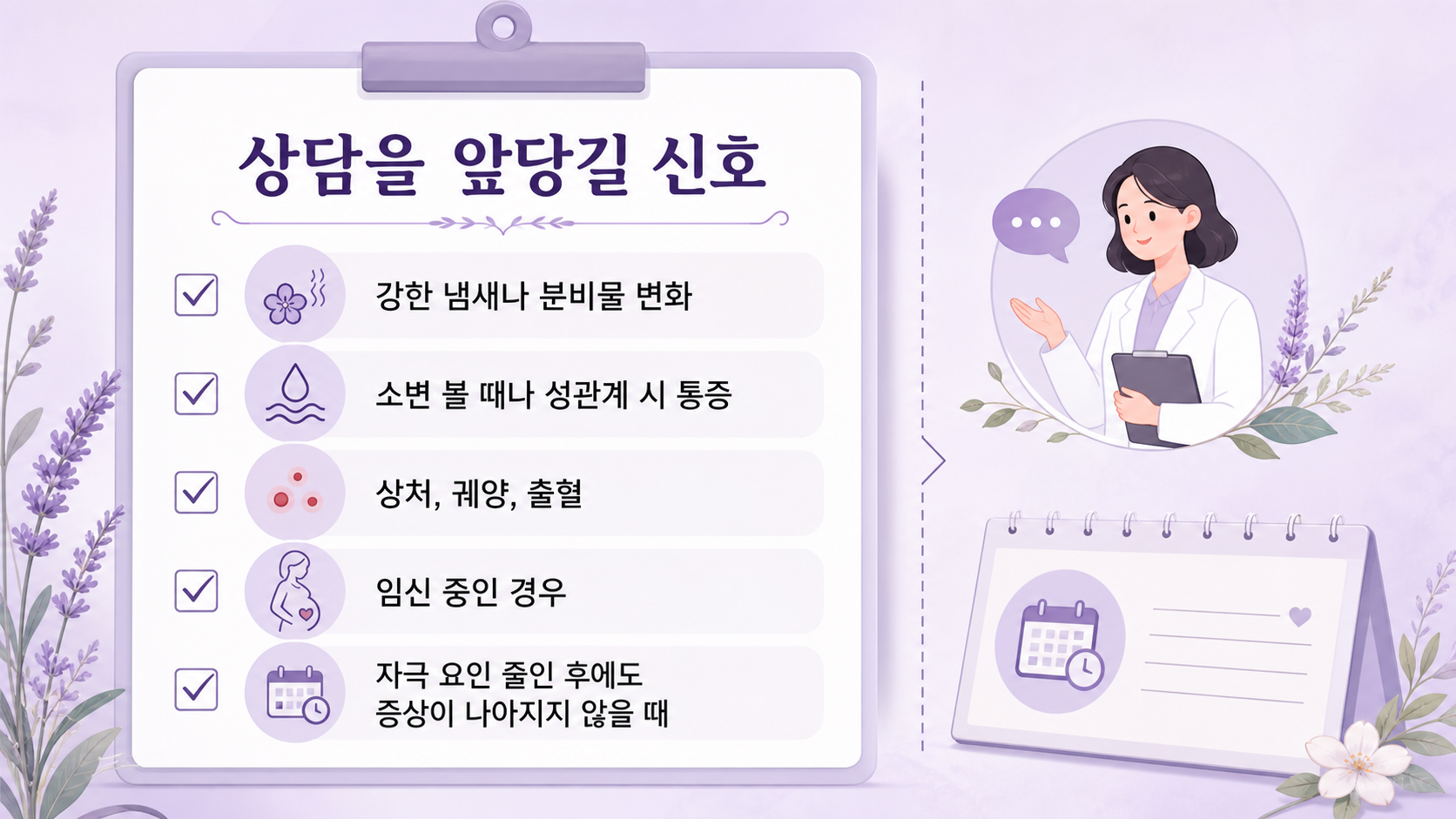 외음부 따가움에서 분비물 변화, 소변 통증, 상처, 임신, 증상 지속을 상담 신호로 정리한 이미지