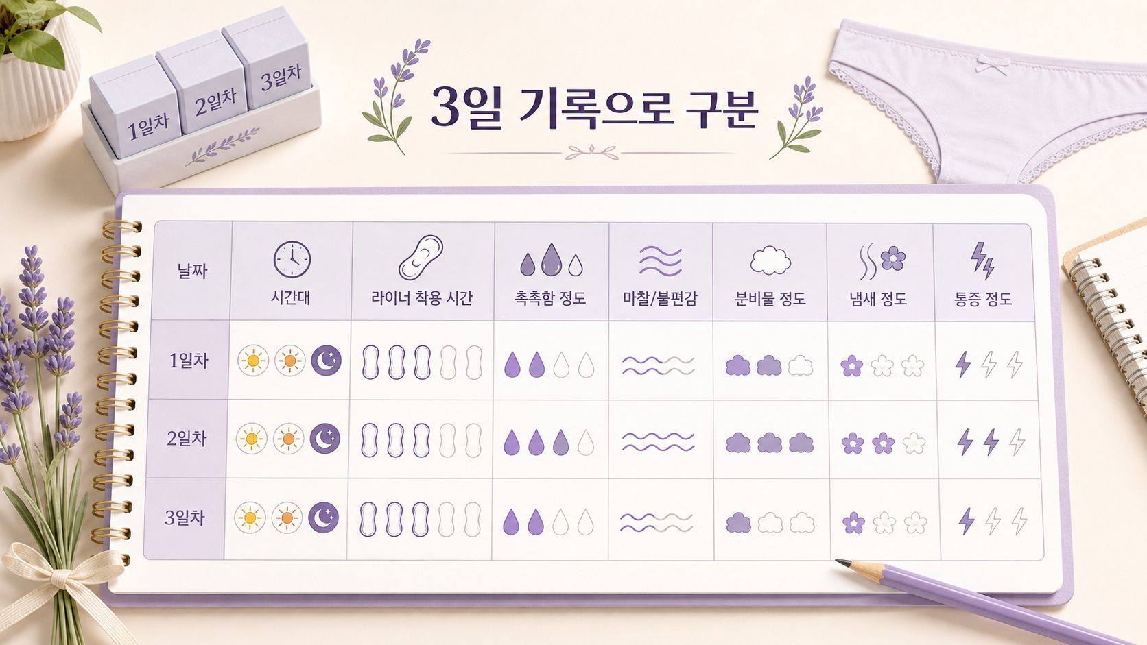 팬티라이너 사용 후 따가움에서 착용 시간, 땀, 분비물, 통증을 3일 동안 적는 기록 이미지