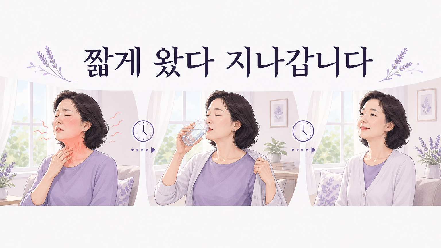 열감이 올라왔다가 옷을 벗고 찬물을 마신 뒤 가라앉기까지의 3단계 장면