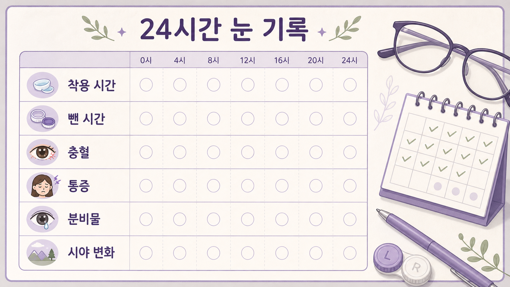 렌즈 제거 후 눈 충혈을 24시간 동안 착용 시간, 뺀 시간, 충혈, 통증, 분비물, 시야 변화로 기록하는 이미지