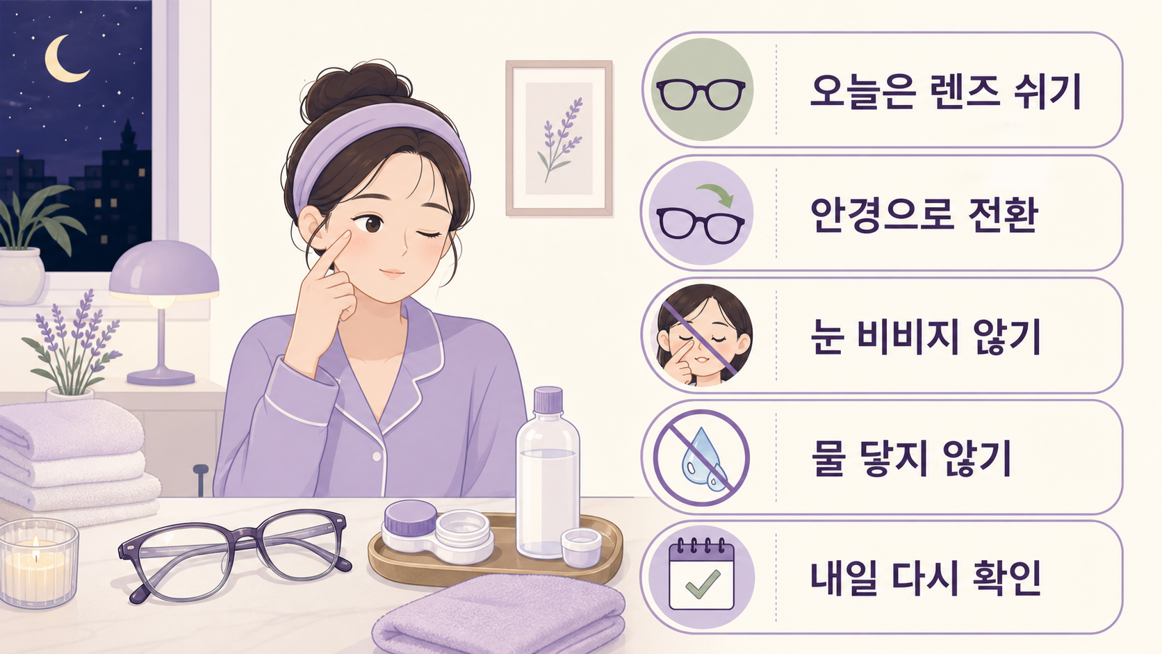 렌즈 충혈이 있을 때 오늘은 렌즈 쉬기, 안경 전환, 눈 비비지 않기, 물 닿지 않기, 내일 다시 확인을 보여주는 이미지