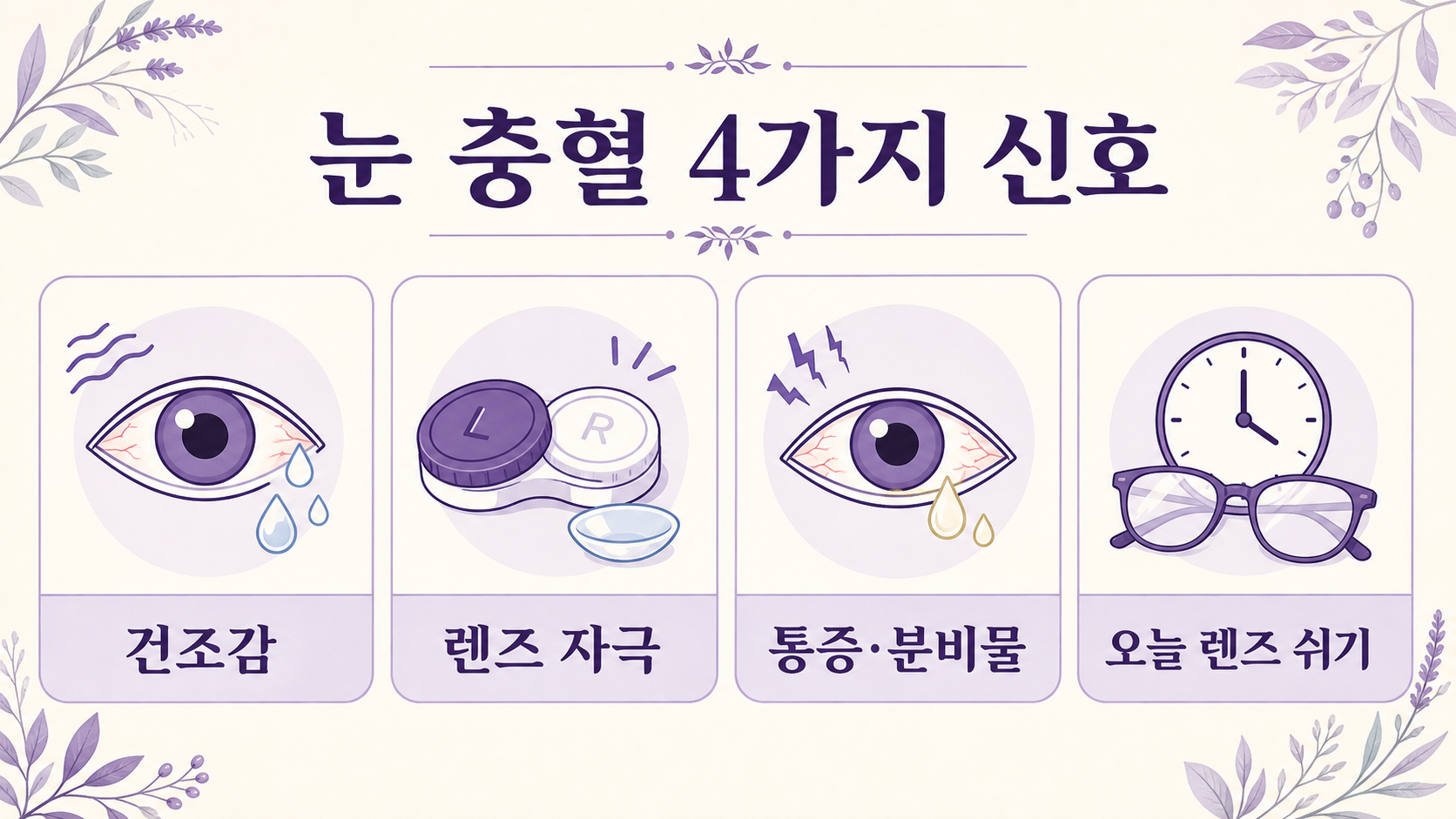 렌즈를 뺀 뒤 눈 충혈을 건조감, 렌즈 자극, 통증과 분비물, 오늘 렌즈 쉬기로 나누는 이미지