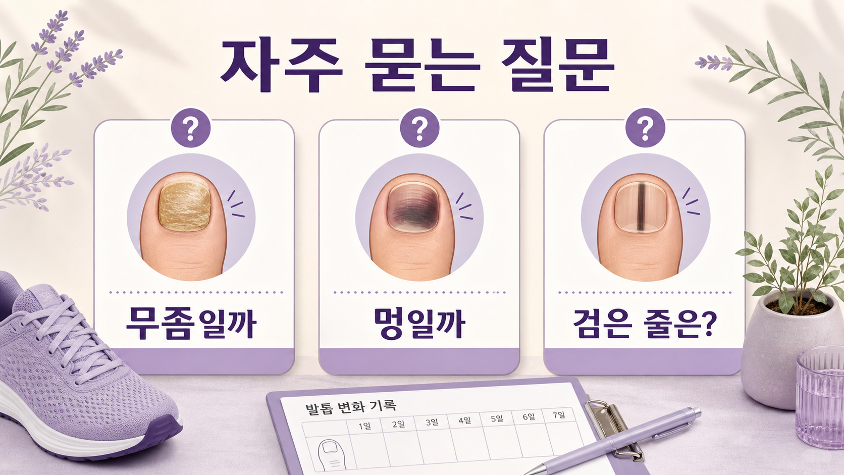 검은 발톱이 무좀인지 멍인지 검은 줄인지 묻는 질문을 정리한 FAQ 이미지