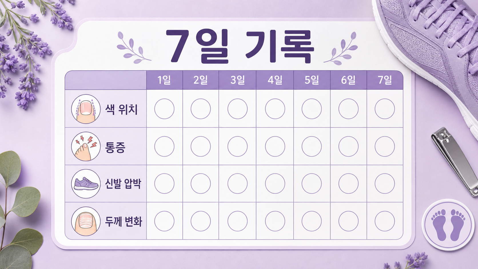 검은 발톱의 색 위치, 통증, 신발 압박, 두께 변화를 7일 동안 표시하는 기록표 이미지