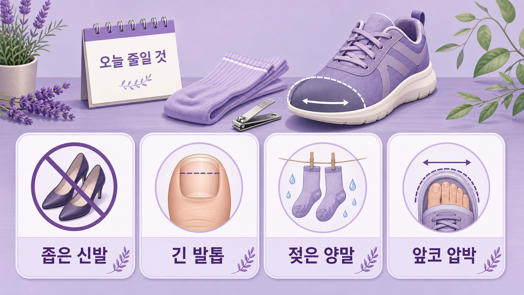 좁은 신발, 긴 발톱, 젖은 양말, 앞코 압박을 줄이는 실천 이미지