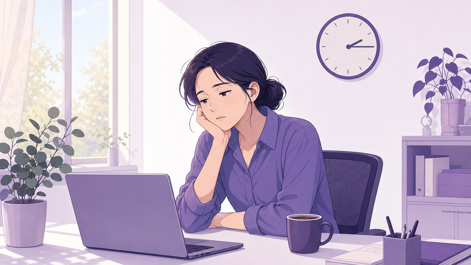 오후에 책상에서 피로를 느끼는 여성의 모습