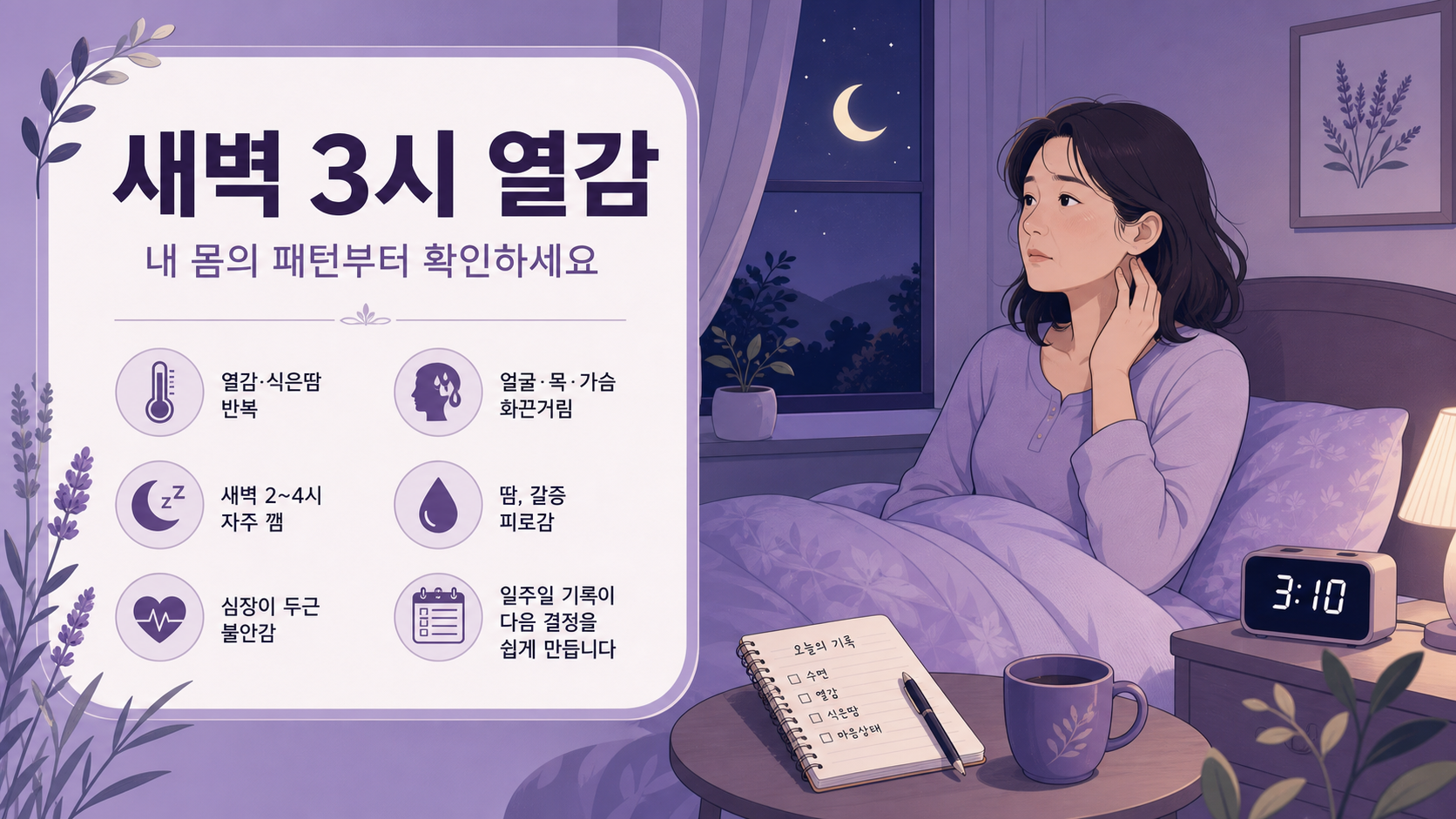 새벽 열감 때문에 잠에서 깨는 여성과 기록 체크리스트