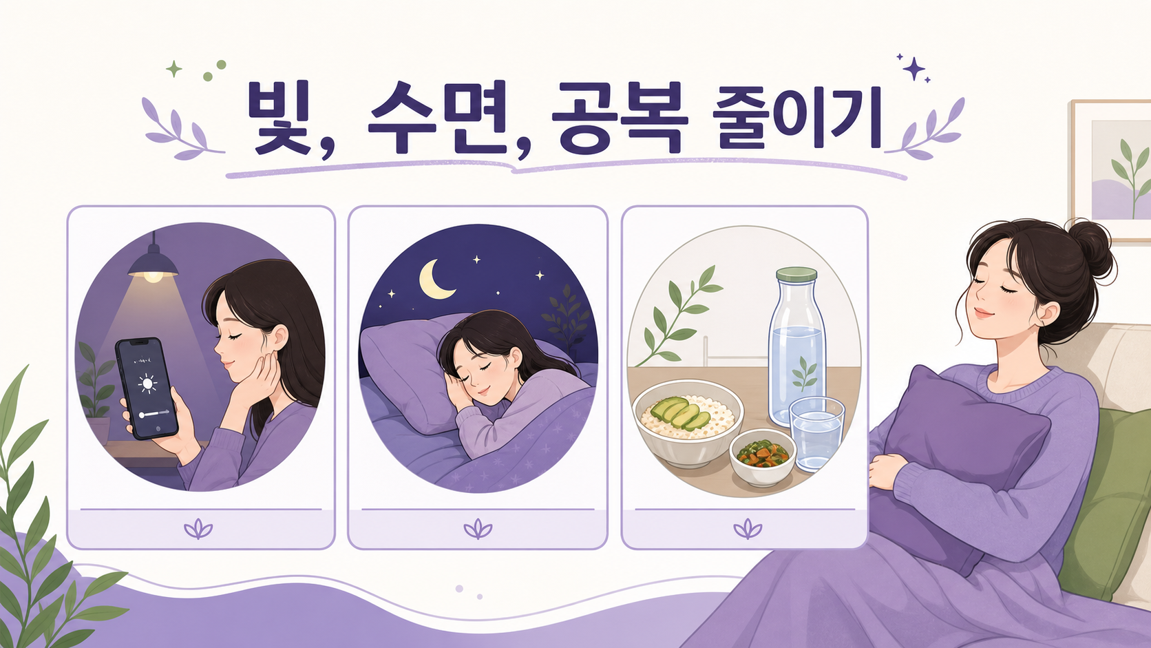 생리 전 두통이 있는 날 빛, 수면, 공복을 줄이는 루틴 이미지