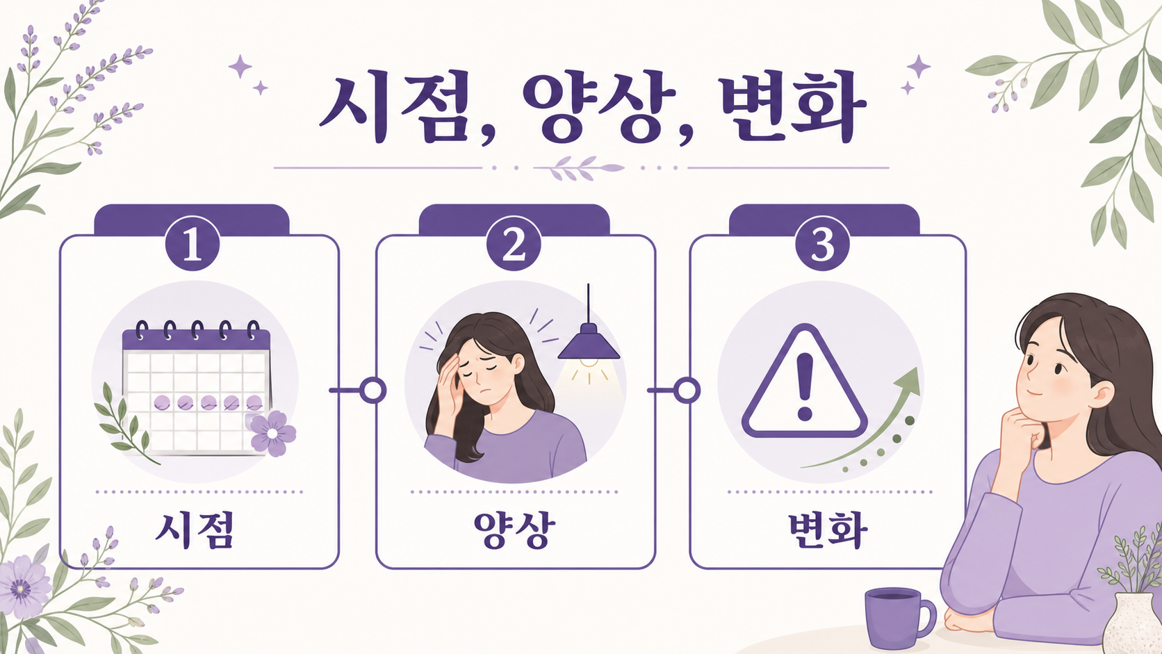 생리 전 두통을 시점, 양상, 변화 신호로 나누는 3가지 확인 이미지