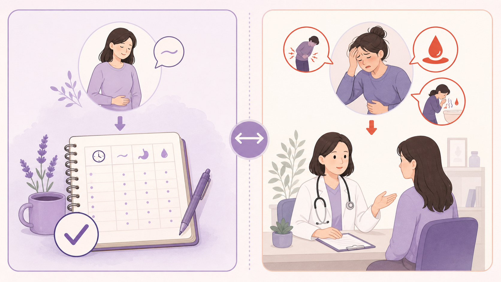 기록을 계속하는 경우와 진료 상담을 앞당기는 경우를 나눈 보랏빛 경계 다이어그램