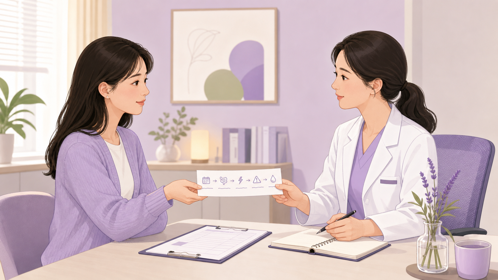 상담 전 메모를 건네는 장면과 진료를 앞당길 신호를 담은 건강 정보 카드