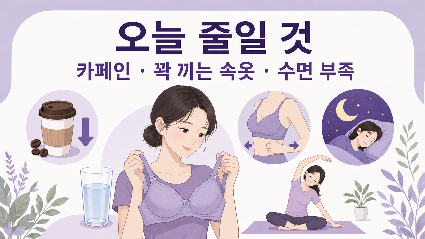 생리 전 유방 통증 때 오늘 줄일 카페인, 꽉 끼는 속옷, 수면 부족을 보여주는 이미지