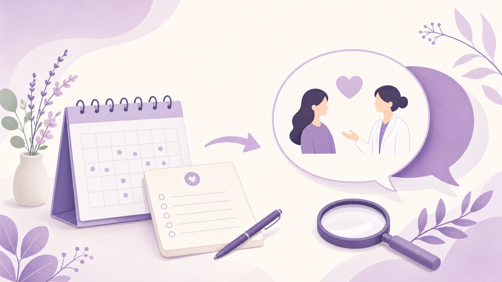 달력 기록을 산부인과 상담 준비로 연결하는 보라색 요약 카드