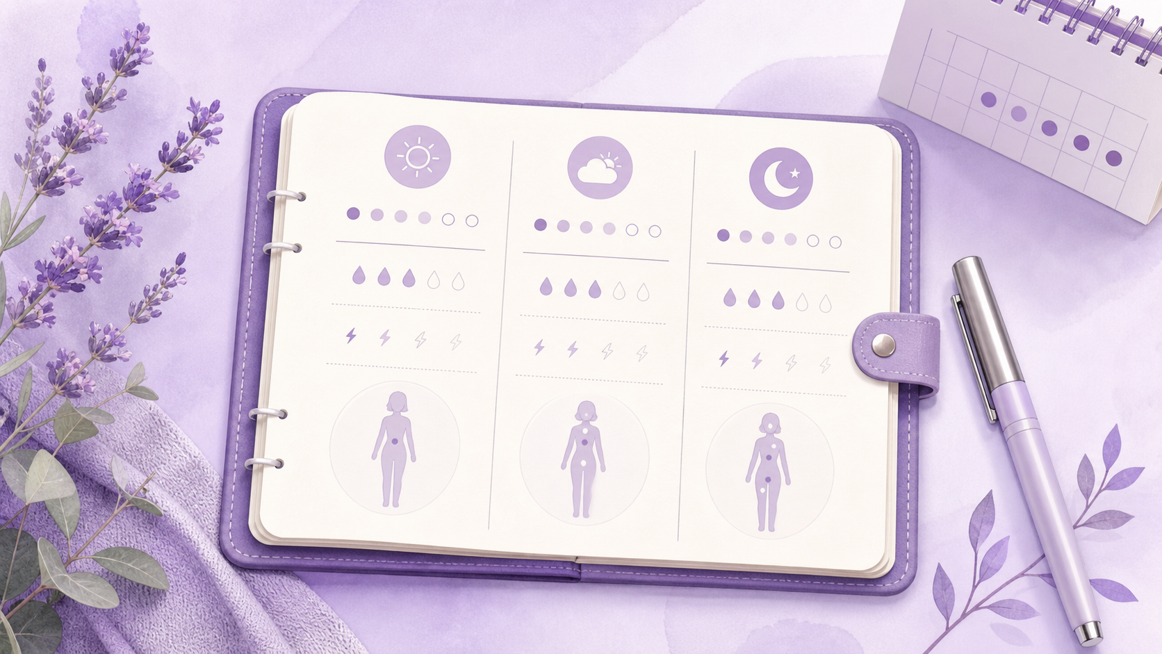 3일 기록에 날짜와 붓는 부위, 동반 변화, 일상 영향을 적는 보라색 체크카드 일러스트