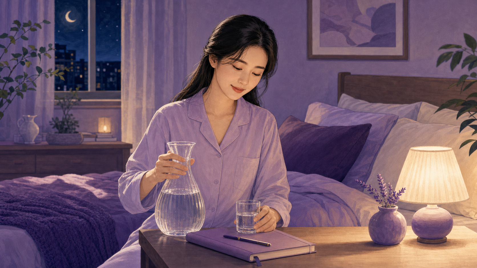 잠자기 전 물과 메모장을 준비하고 다음 날 일정을 가볍게 조정하는 보라색 에디토리얼 장면