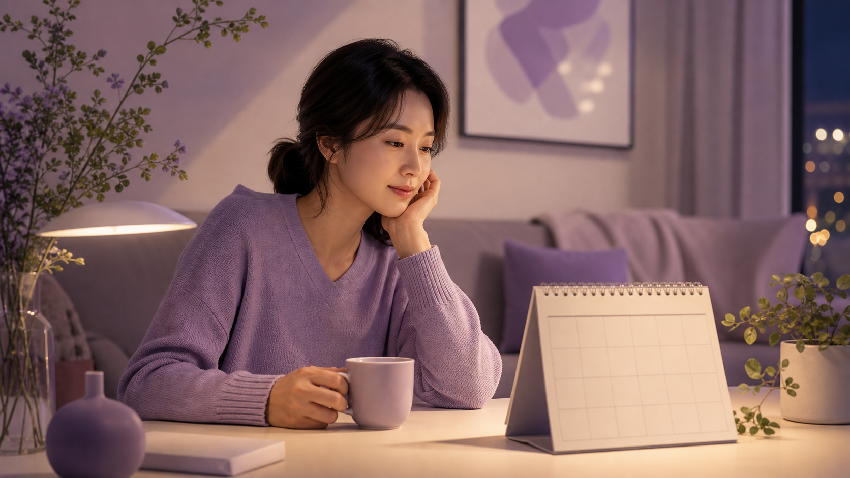 생리 예정일 전 퇴근 뒤 피곤한 여성이 달력을 보며 쉬는 보라색 에디토리얼 장면