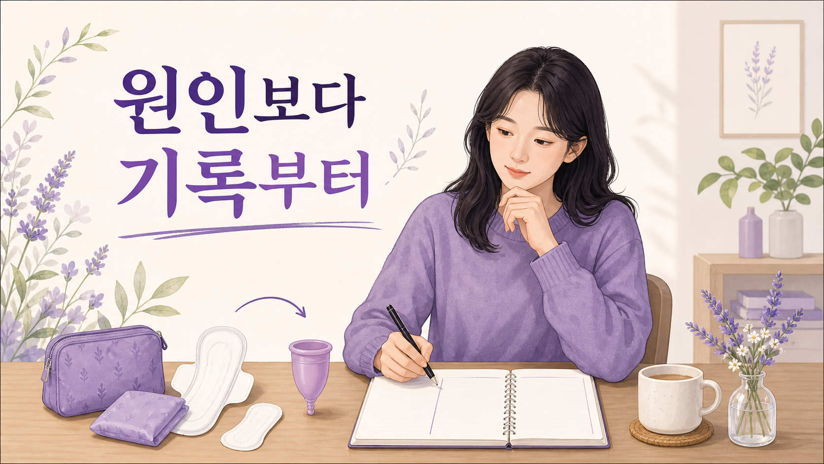 생리 중 가려움에서 원인 단정보다 세 칸 기록을 먼저 하는 보라색 편집 일러스트