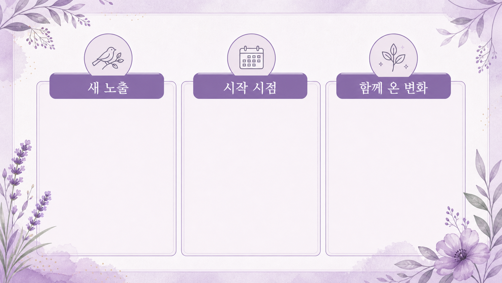 새 노출 시작 시점 함께 온 변화를 적는 세 칸 워크시트 보라색 인포그래픽