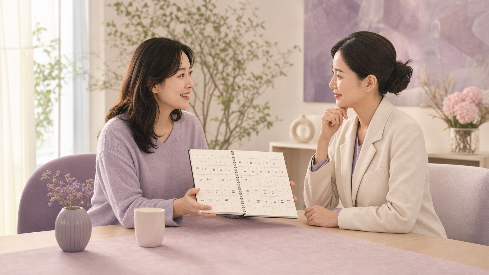 휴대폰 메모장에 교체 시간과 증상을 차분히 기록하는 독자를 보여주는 보라색 편집 일러스트