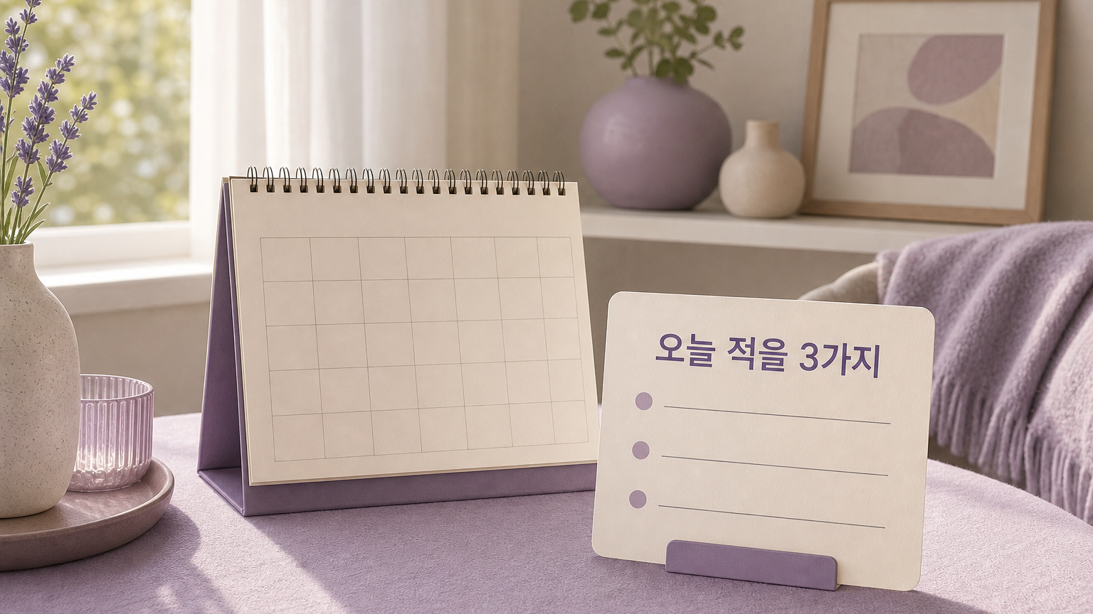 생리 기록장과 달력 위에 세 가지 기록 항목을 차분하게 보여주는 보라색 건강 매거진 일러스트